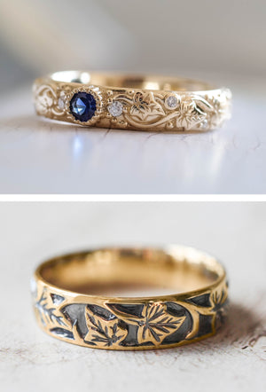 Wedding rings set for couples: black and gold ivy leaves band for him, ivy leaves band with sapphire and diamonds for her - Eden Garden Jewelry™