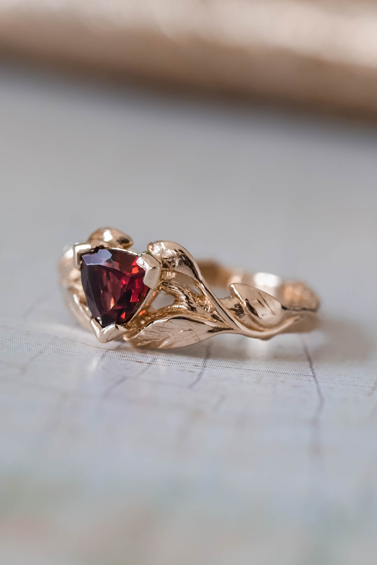 Trillion garnet engagement ring, nature inspired gold ring / Clematis - Eden Garden Jewelry™