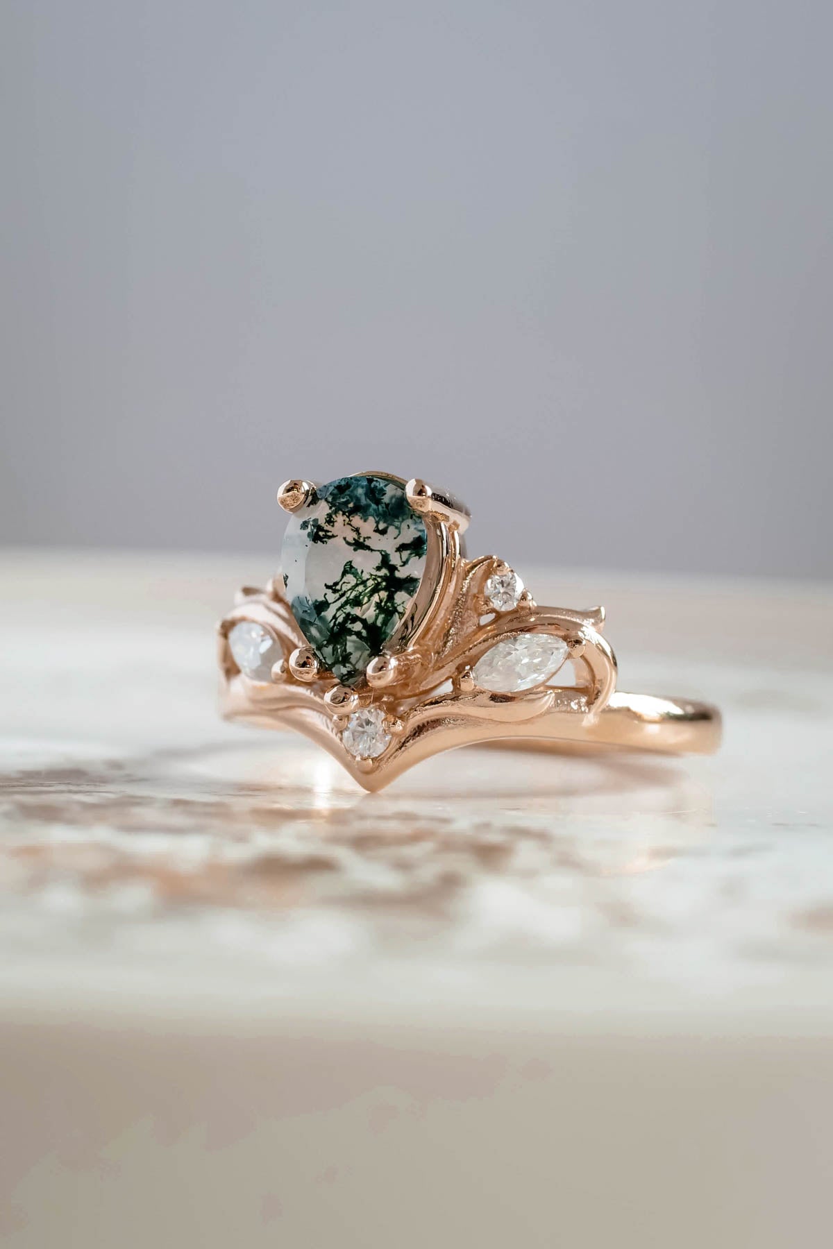 Big pear moss agate engagement ring, one of a kind gemstone ring / Swanlake - Eden Garden Jewelry™