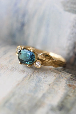 Bridal ring set with teal sapphire and diamonds / Arius - Eden Garden Jewelry™