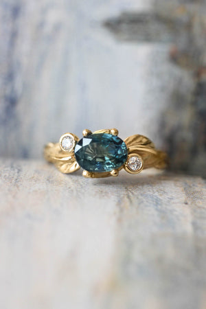 Bridal ring set with teal sapphire and diamonds / Arius - Eden Garden Jewelry™