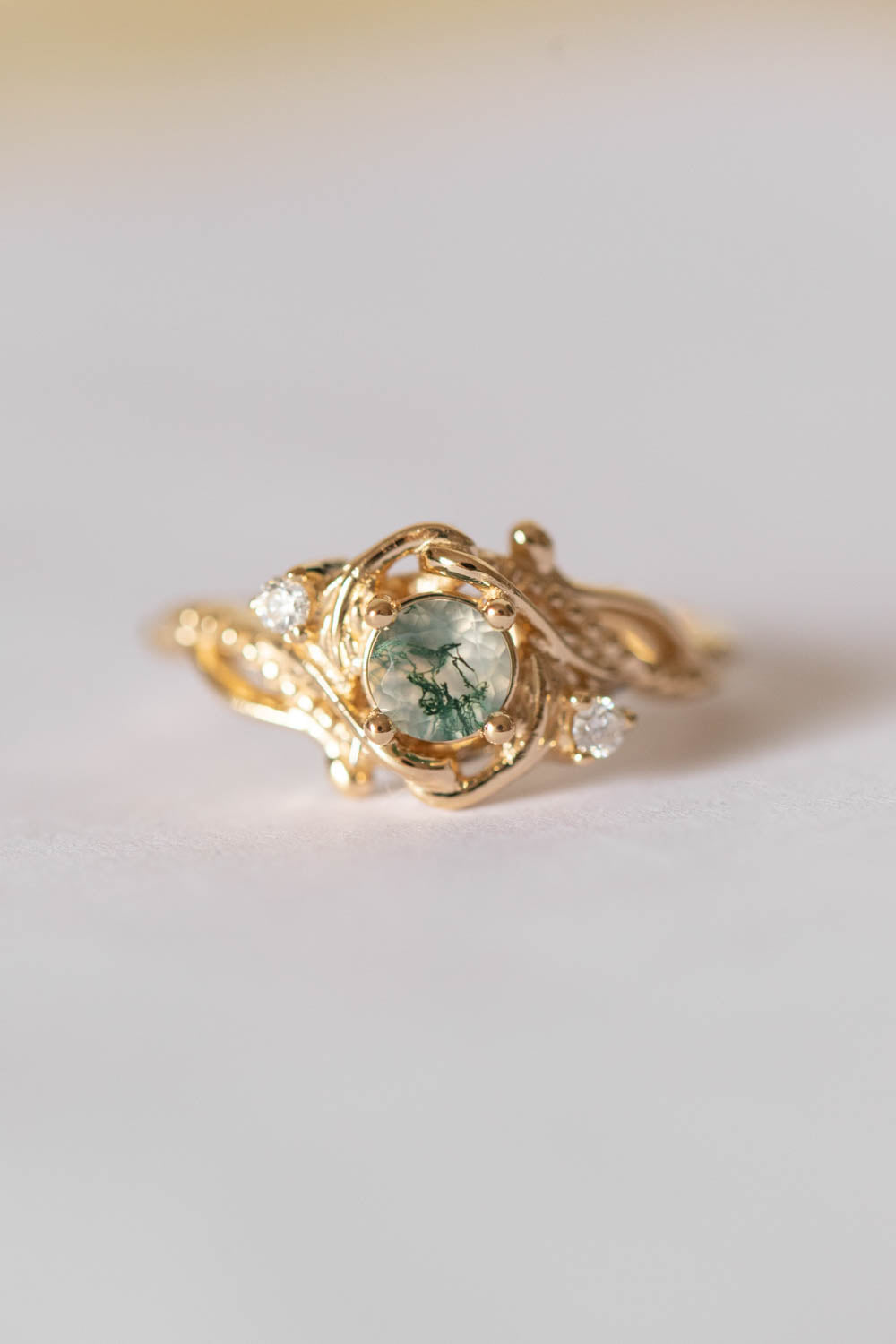 READY TO SHIP: Undina in 14K yellow gold, round moss agate 5 mm, moissanites, RING SIZE 7.25 US - Eden Garden Jewelry™