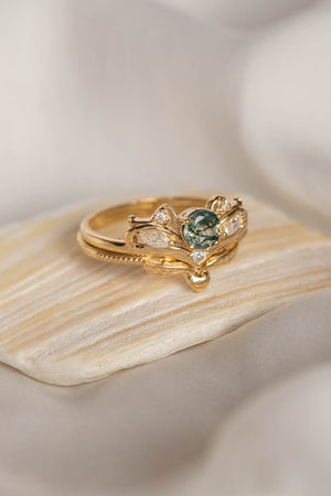 Bridal ring set with moss agate and diamonds / Swanlake - Eden Garden Jewelry™