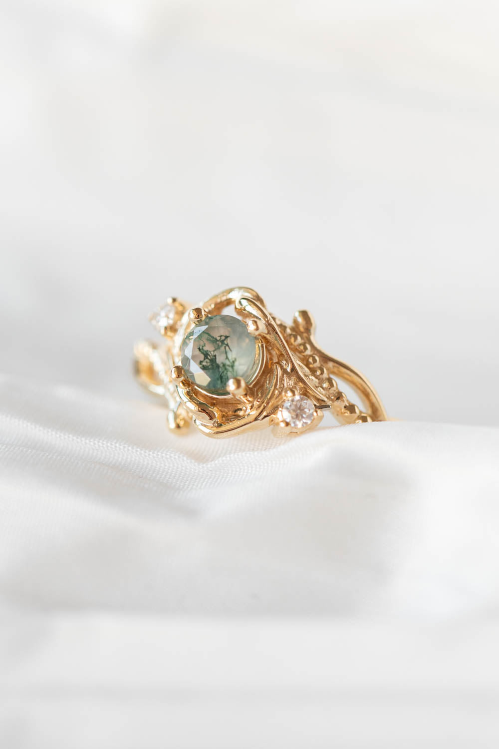 Round moss agate engagement ring with diamonds, nature themed gold ring / Undina - Eden Garden Jewelry™