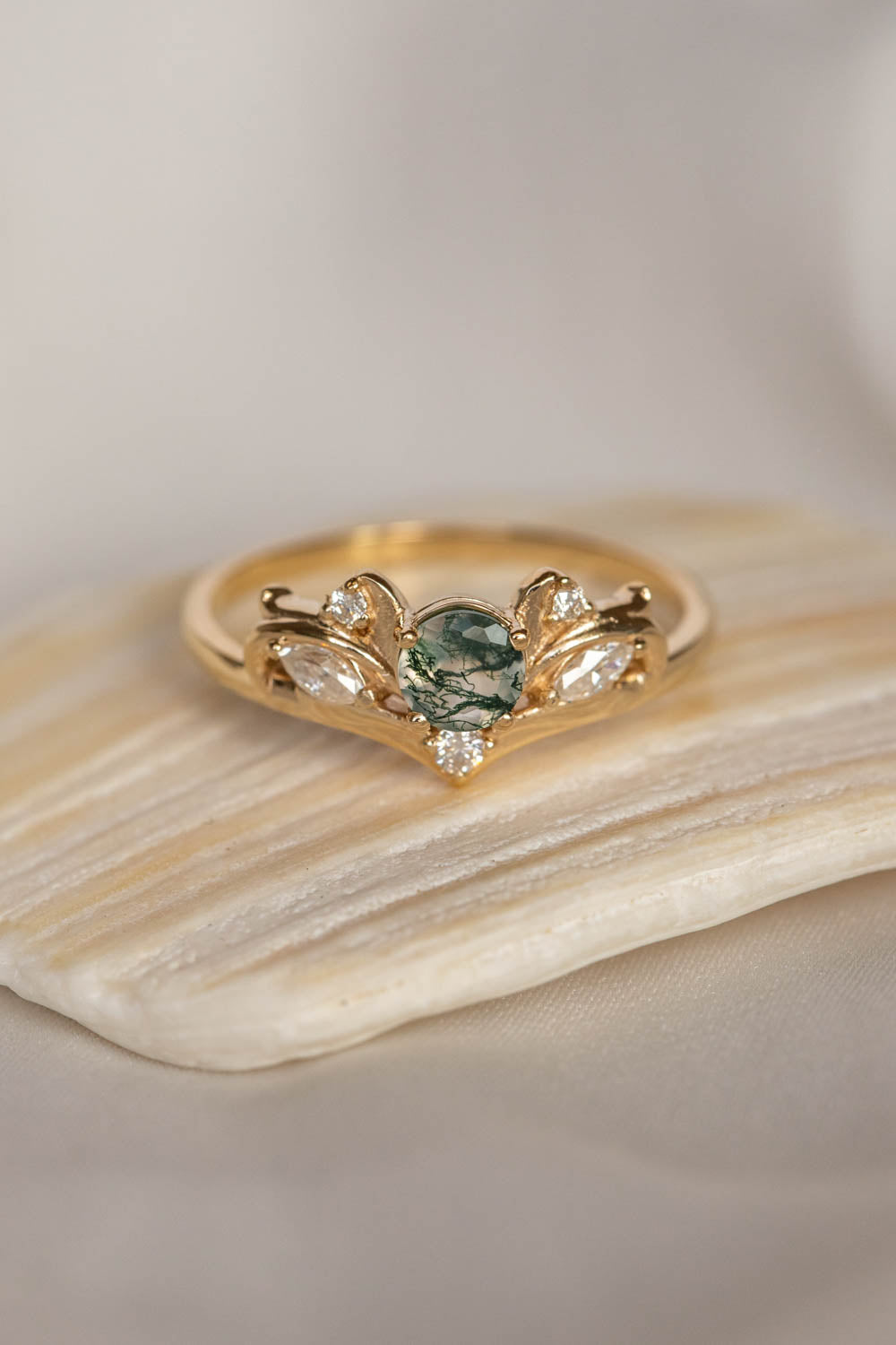 Bridal ring set with moss agate and diamonds / Swanlake - Eden Garden Jewelry™