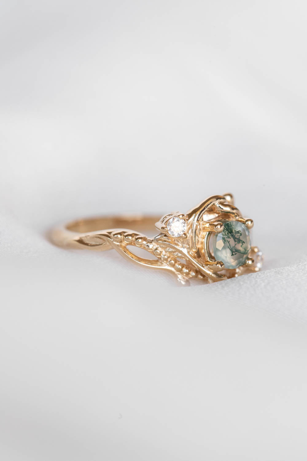 Round moss agate engagement ring with diamonds, nature themed gold ring / Undina - Eden Garden Jewelry™