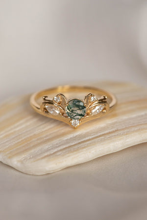 Moss agate and diamonds engagement ring, baroque inspired gold ring / Swanlake - Eden Garden Jewelry™