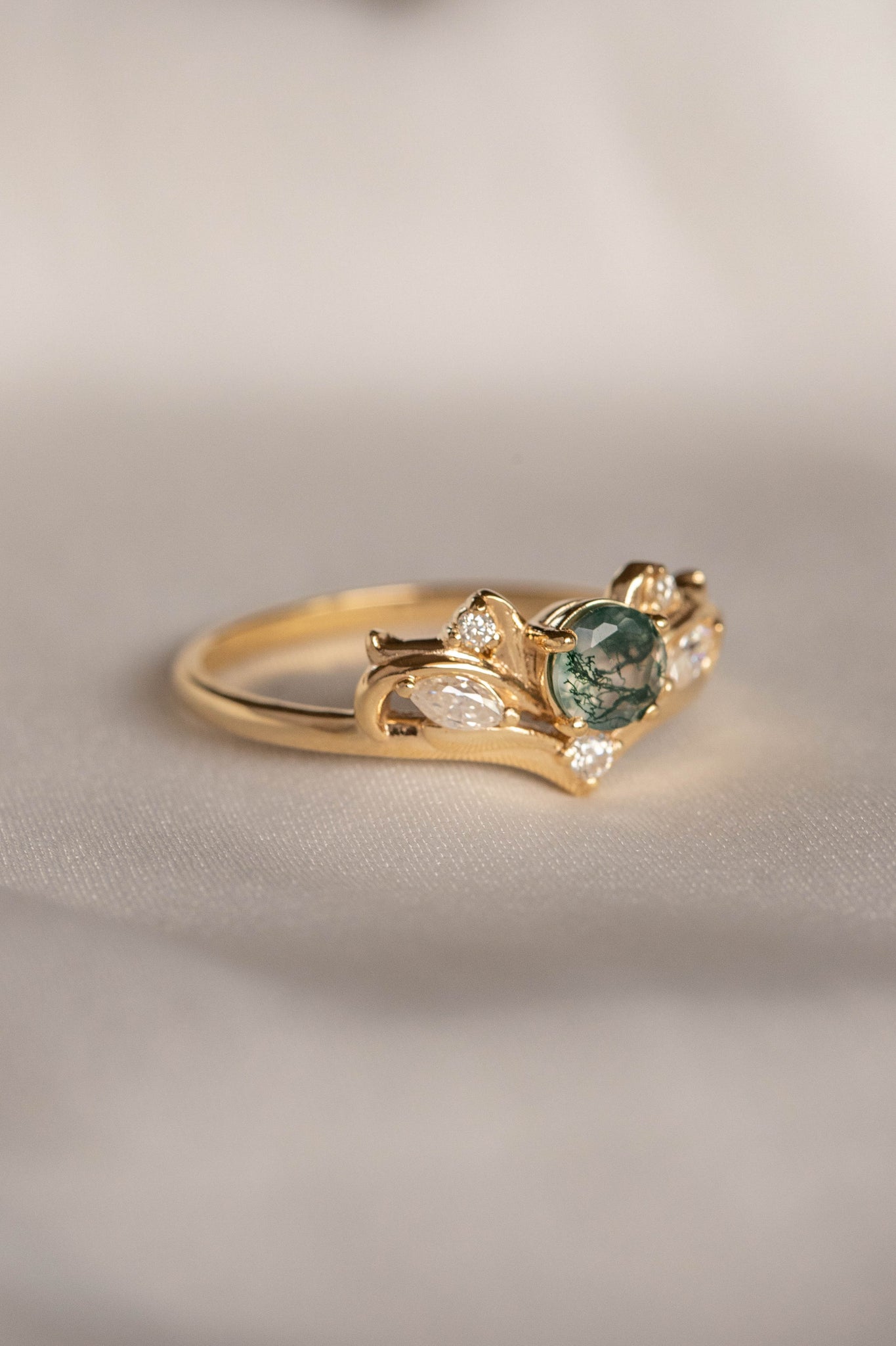 Moss agate and diamonds engagement ring, baroque inspired gold ring / Swanlake - Eden Garden Jewelry™