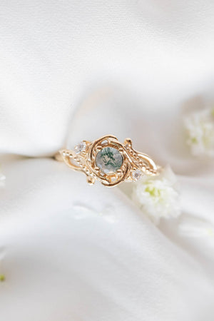 Round moss agate engagement ring with diamonds, nature themed gold ring / Undina - Eden Garden Jewelry™