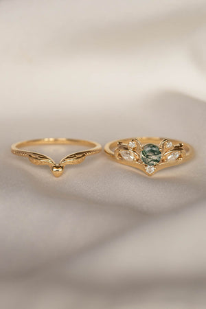 Bridal ring set with moss agate and diamonds / Swanlake - Eden Garden Jewelry™