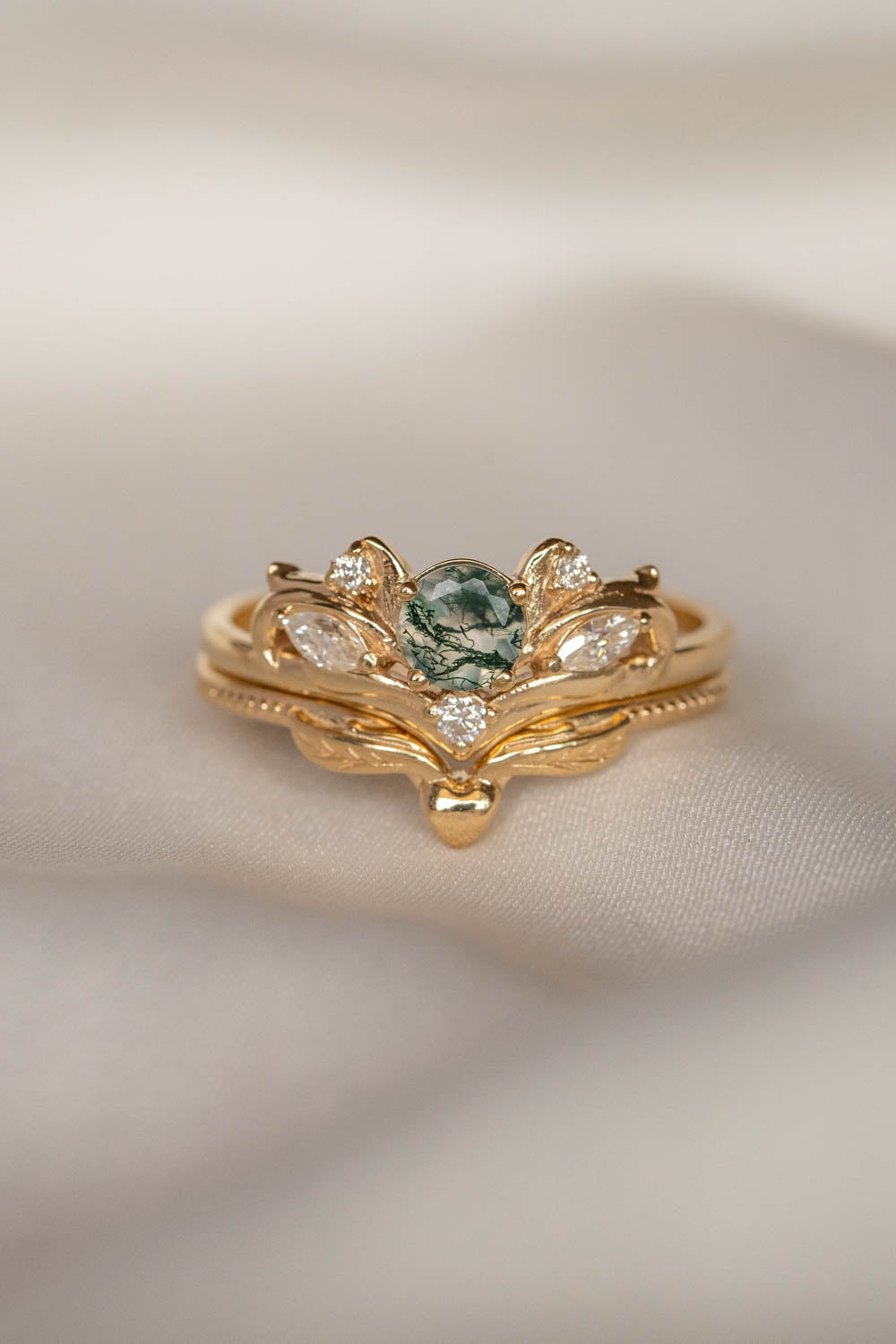 Bridal ring set with moss agate and diamonds / Swanlake - Eden Garden Jewelry™