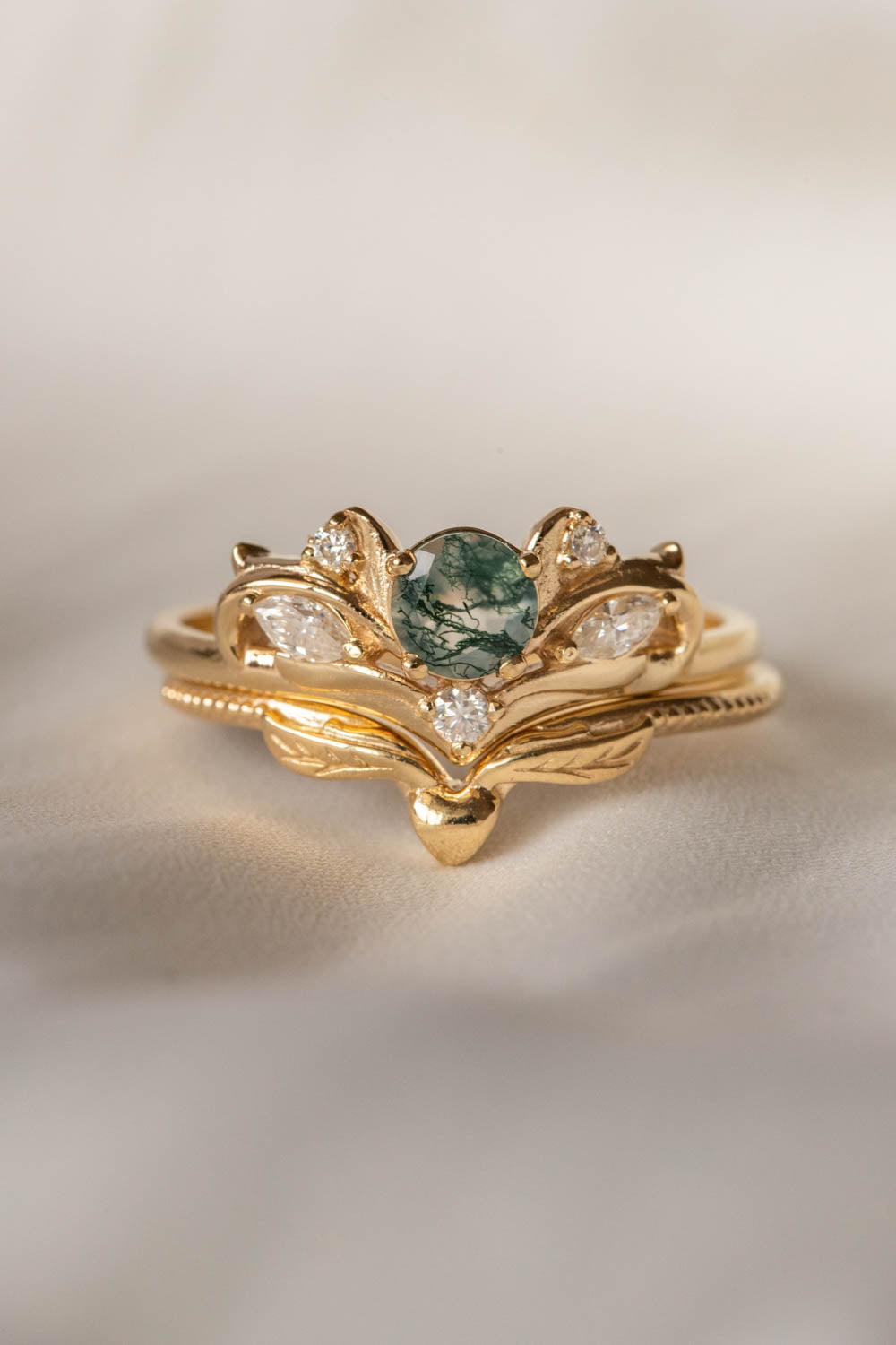 Bridal ring set with moss agate and diamonds / Swanlake - Eden Garden Jewelry™