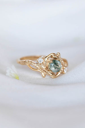 Round moss agate engagement ring with diamonds, nature themed gold ring / Undina - Eden Garden Jewelry™