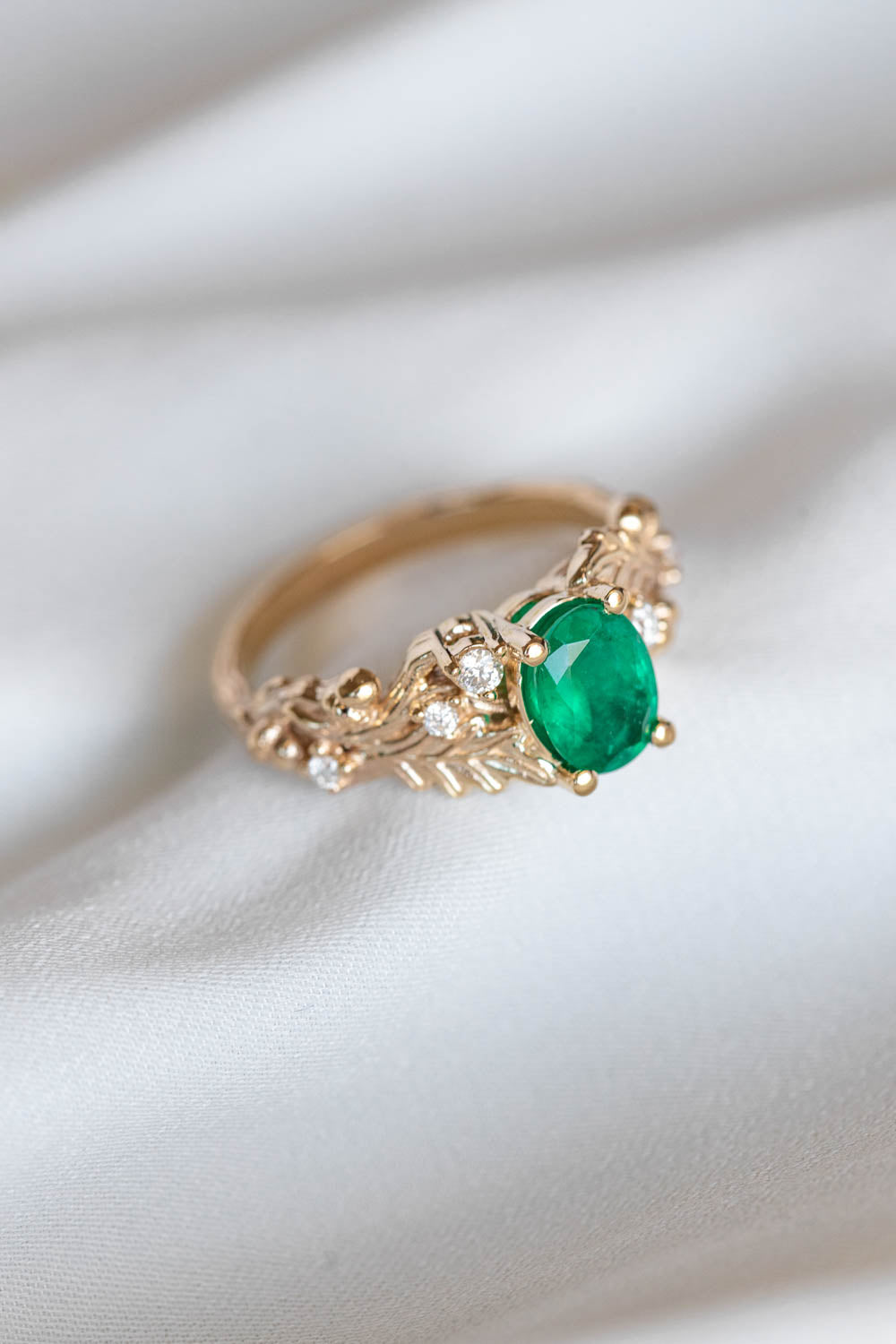 Natural emerald oak leaves engagement ring, gold ring with diamonds and acorns / Silviya - Eden Garden Jewelry™