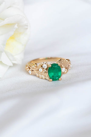 Natural emerald oak leaves engagement ring, gold ring with diamonds and acorns / Silviya - Eden Garden Jewelry™