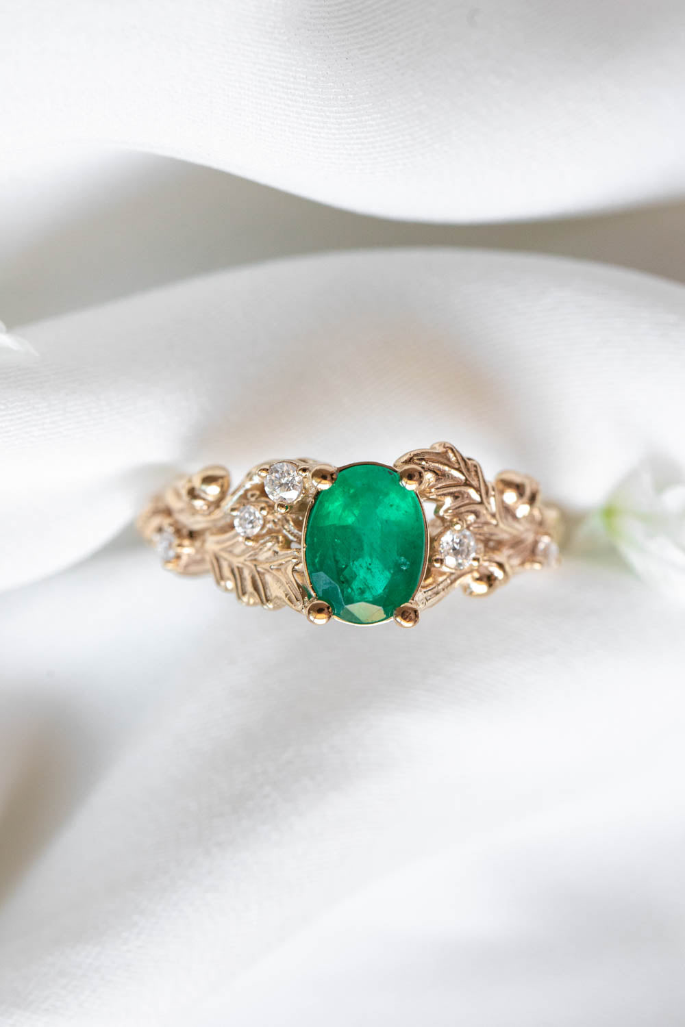 Natural emerald oak leaves engagement ring, gold ring with diamonds and acorns / Silviya - Eden Garden Jewelry™