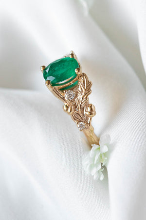 Natural emerald oak leaves engagement ring, gold ring with diamonds and acorns / Silviya - Eden Garden Jewelry™