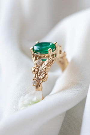 Natural emerald oak leaves engagement ring, gold ring with diamonds and acorns / Silviya - Eden Garden Jewelry™