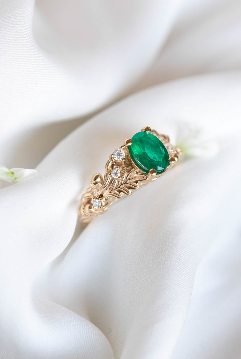 Natural emerald oak leaves engagement ring, gold ring with diamonds and acorns / Silviya - Eden Garden Jewelry™