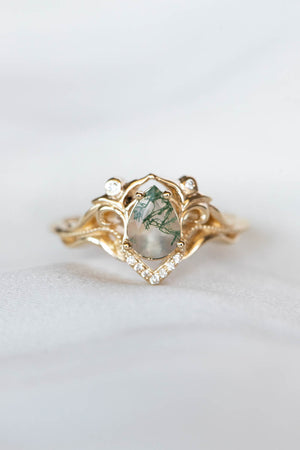 Unique pear moss agate engagement ring, gold ring with diamonds / Lida - Eden Garden Jewelry™