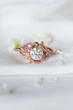 1 carat moissanite engagement ring with pink sapphires, nature themed gold proposal ring / Undina - Eden Garden Jewelry™