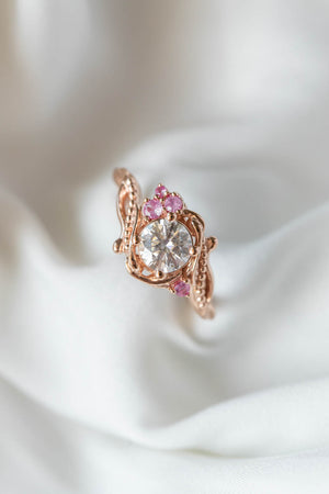 1 carat moissanite engagement ring with pink sapphires, nature themed gold proposal ring / Undina - Eden Garden Jewelry™