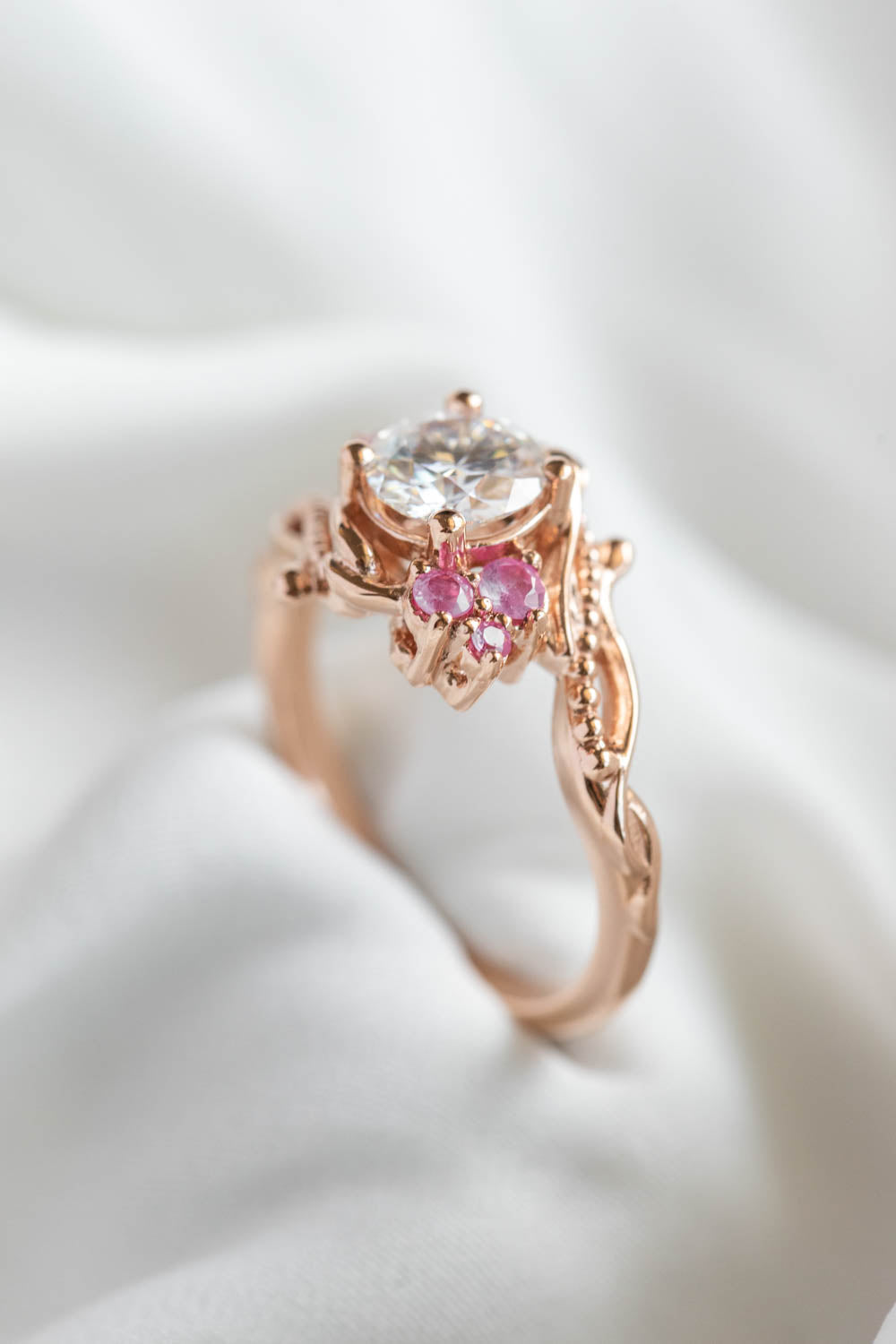 1 carat moissanite engagement ring with pink sapphires, nature themed gold proposal ring / Undina - Eden Garden Jewelry™