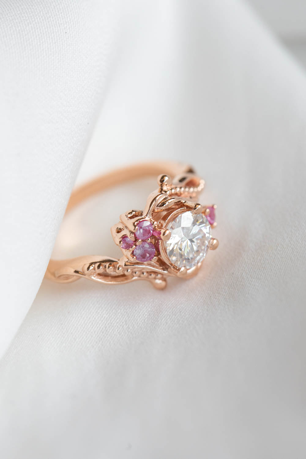 1 carat moissanite engagement ring with pink sapphires, nature themed gold proposal ring / Undina - Eden Garden Jewelry™