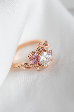 1 carat moissanite engagement ring with pink sapphires, nature themed gold proposal ring / Undina - Eden Garden Jewelry™