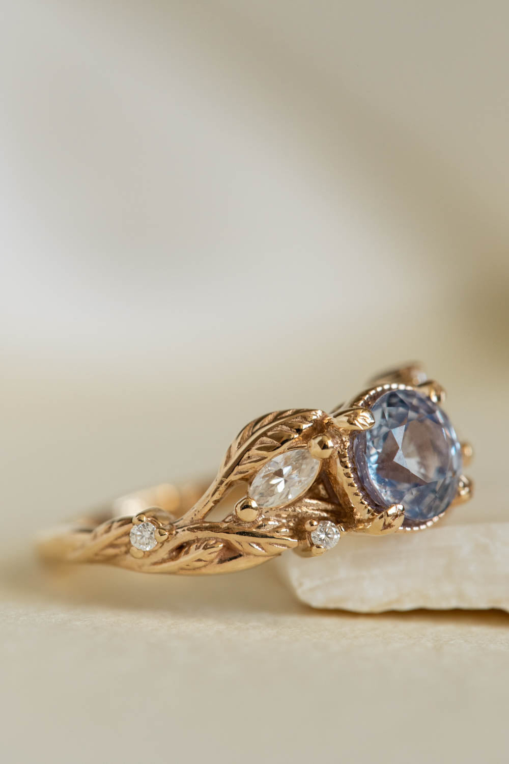 Natural lavender sapphire engagement ring, gold leaves ring with diamonds / Patricia - Eden Garden Jewelry™