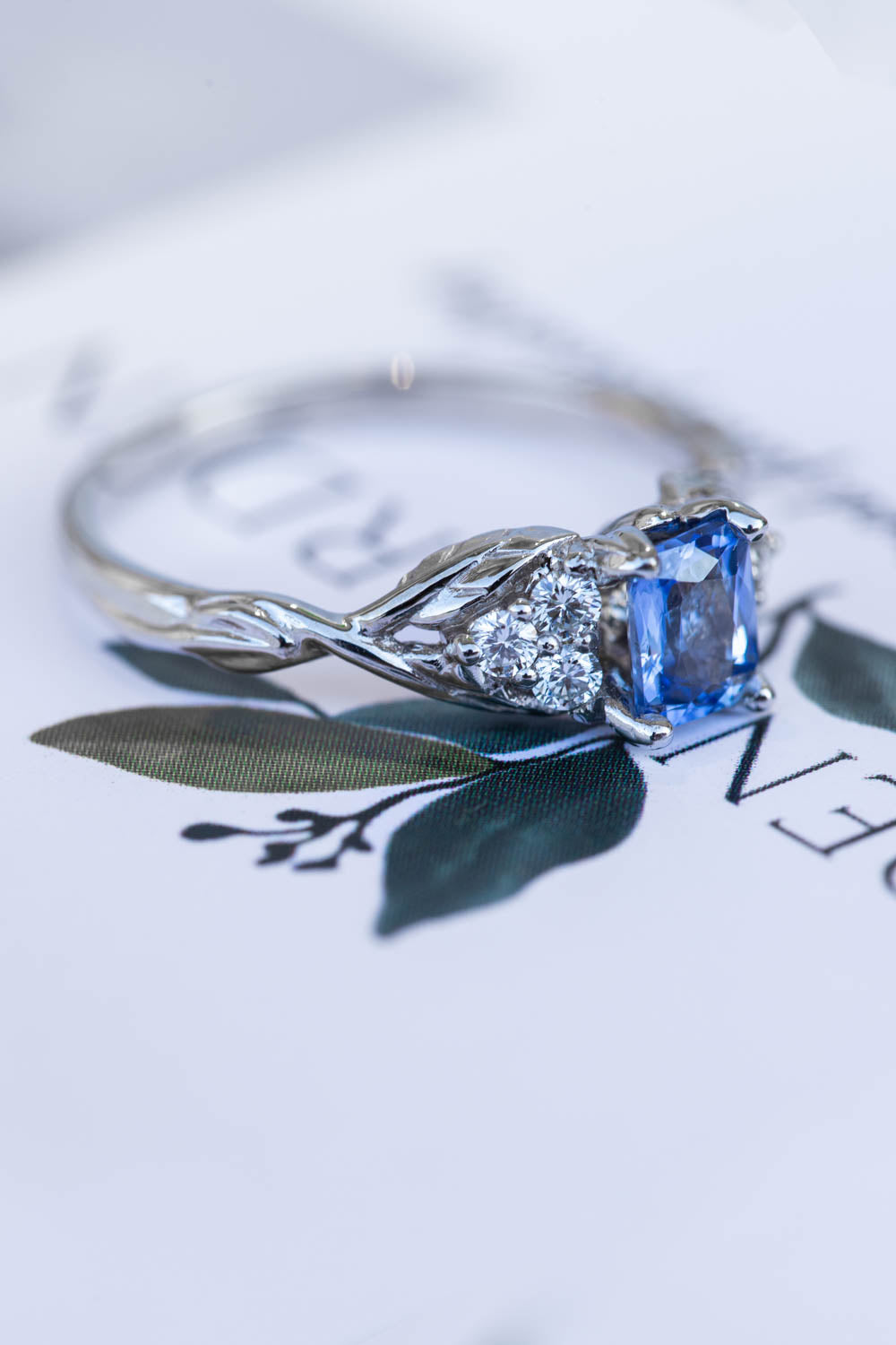 Natural light blue sapphire engagement ring, emerald cut gemstone ring with accent diamonds / Gloria - Eden Garden Jewelry™