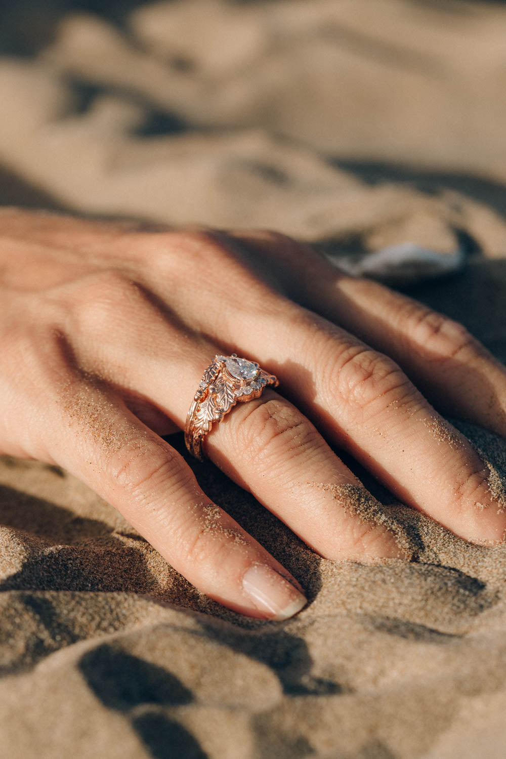 Oak leaves bridal ring set ring with pear moissanite, diamond engagement and wedding rings / Royal Oak - Eden Garden Jewelry™