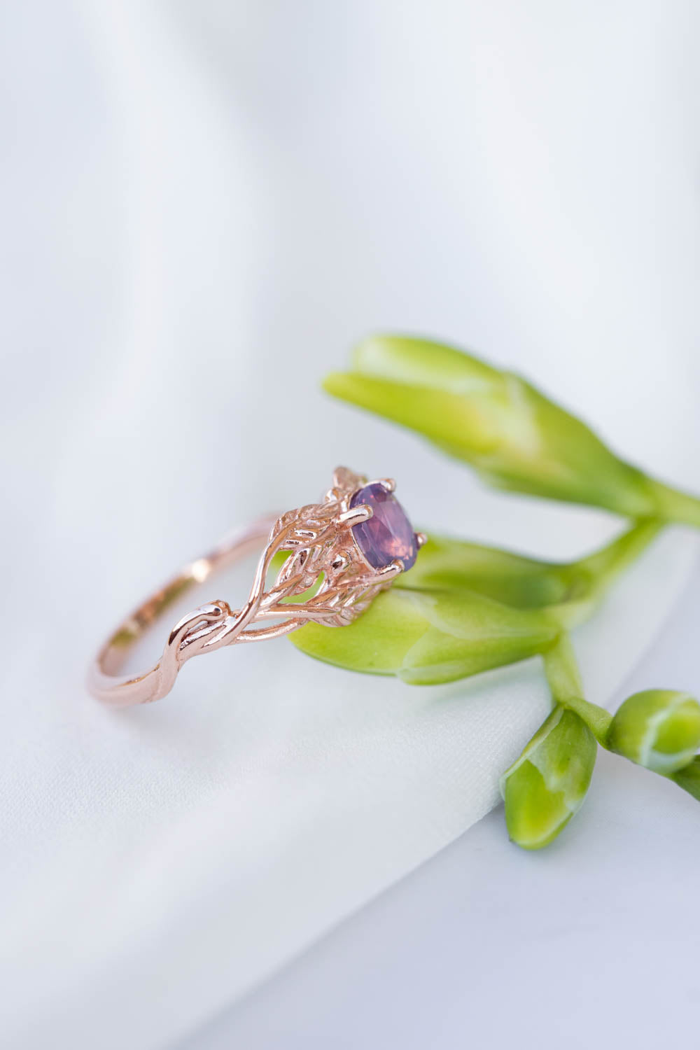 Opalescent sapphire engagement ring, rose gold twig proposal ring with sapphire / Tilia - Eden Garden Jewelry™