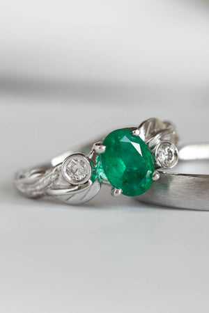 Emerald engagement ring with diamonds, white gold branch engagement ring / Arius - Eden Garden Jewelry™