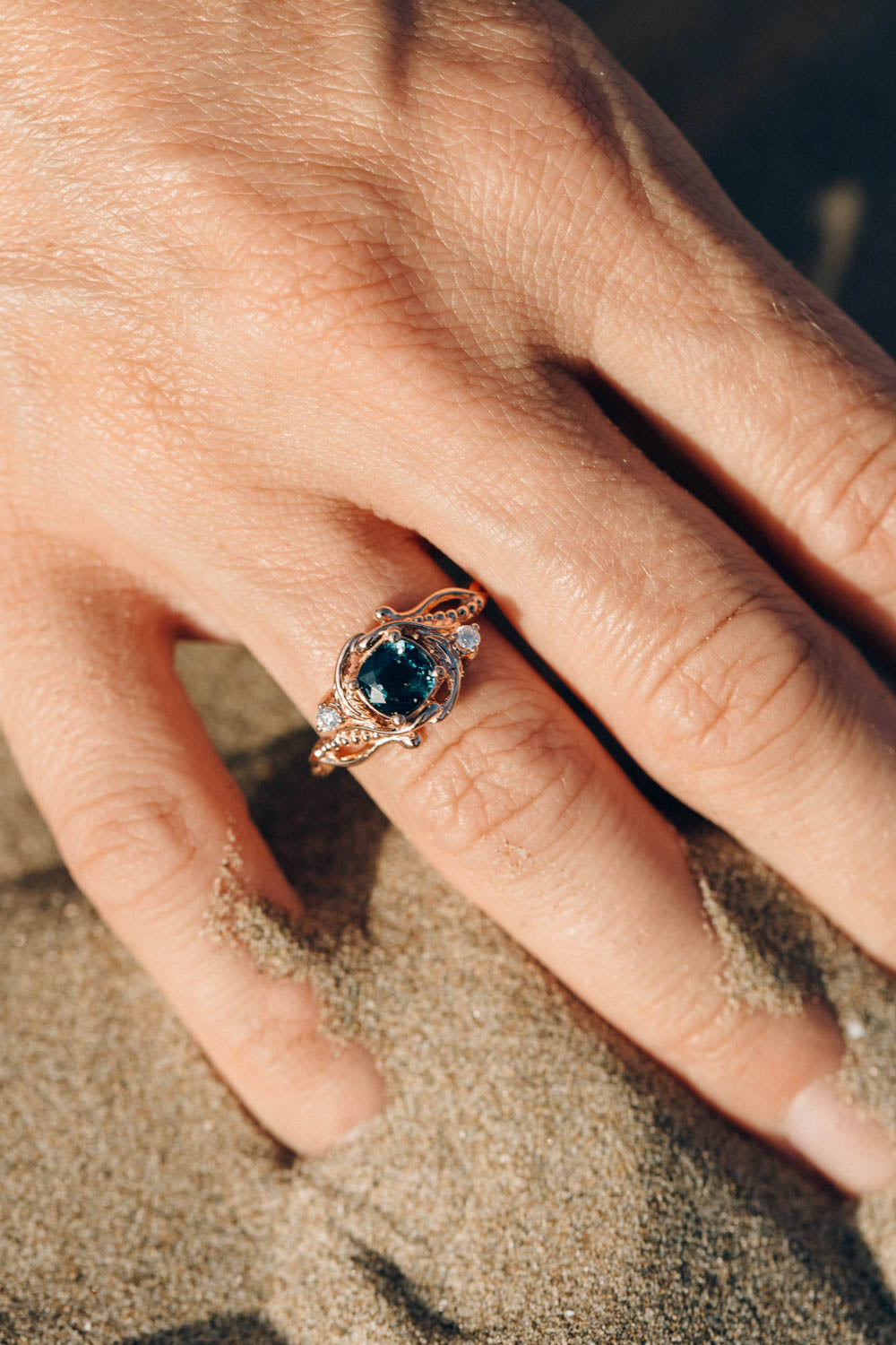 Teal sapphire cushion cut engagement ring, rose gold ring with diamonds / Undina - Eden Garden Jewelry™