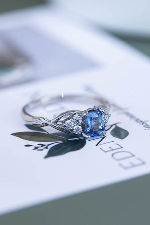 Natural light blue sapphire engagement ring, emerald cut gemstone ring with accent diamonds / Gloria - Eden Garden Jewelry™