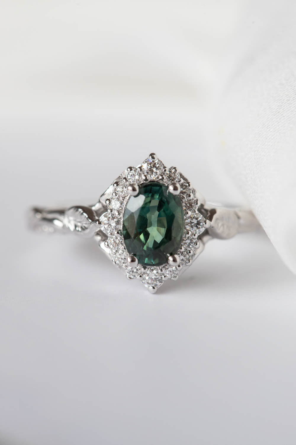 Genuine teal sapphire engagement ring, white gold engagement ring with diamond halo / Florentina - Eden Garden Jewelry™