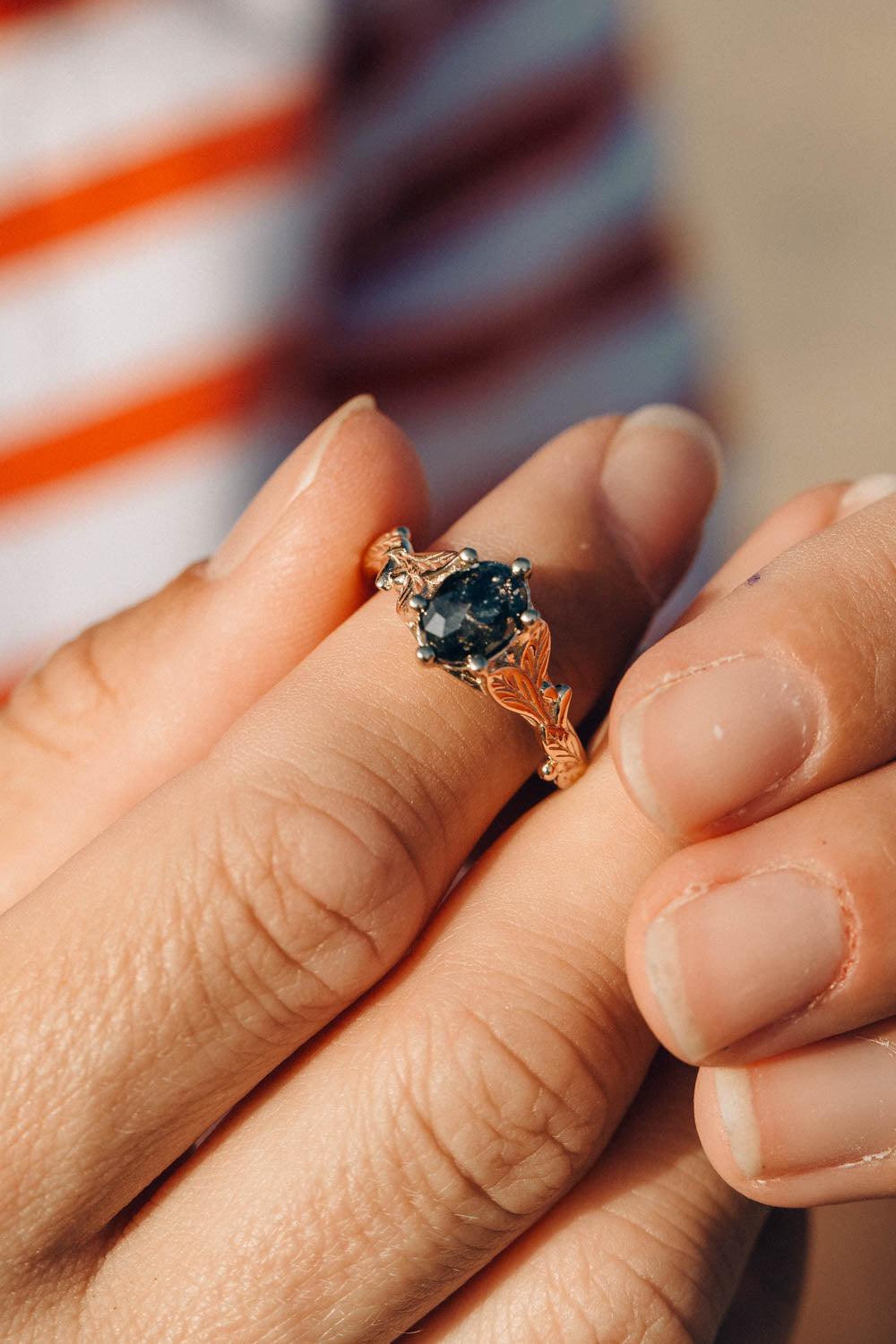 Salt and pepper diamond engagement ring, gold leaves engagement ring / Freesia - Eden Garden Jewelry™