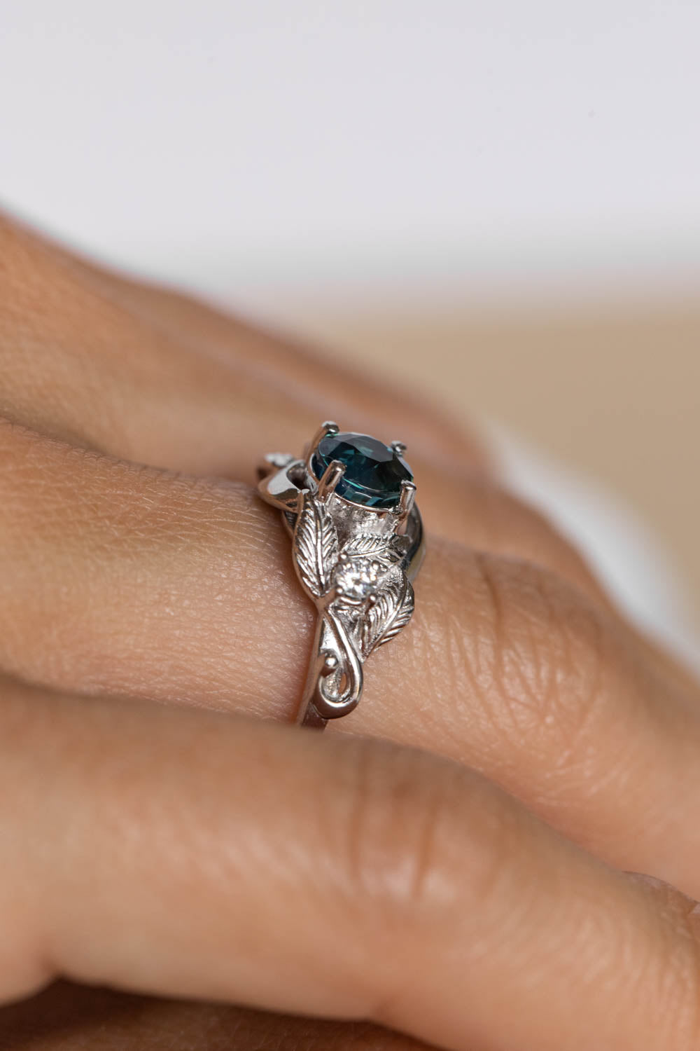 Genuine teal sapphire leaf engagement ring, white gold proposal ring with diamonds / Azalea - Eden Garden Jewelry™