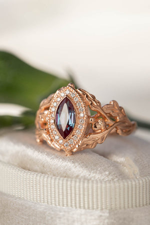 Diamond halo and marquise alexandrite engagement ring, rose gold oak leaf engagement ring / Dair - Eden Garden Jewelry™