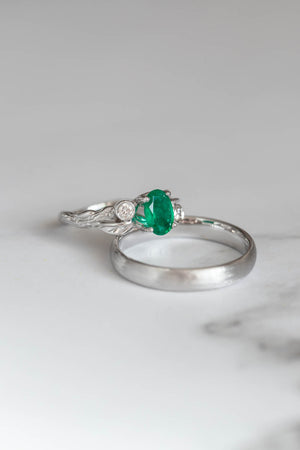 Emerald engagement ring with diamonds, white gold branch engagement ring / Arius - Eden Garden Jewelry™