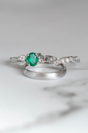 Emerald engagement ring with diamonds, white gold branch engagement ring / Arius - Eden Garden Jewelry™