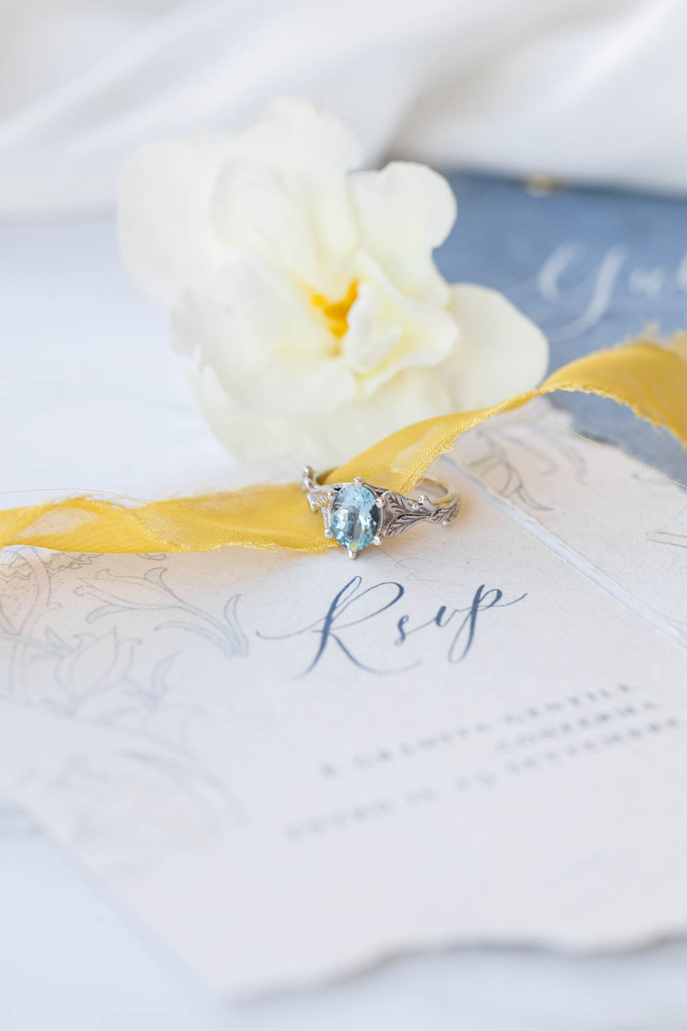 Aquamarine gold engagement ring, white gold leaves promise ring / Freesia - Eden Garden Jewelry™