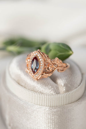 Diamond halo and marquise alexandrite engagement ring, rose gold oak leaf engagement ring / Dair - Eden Garden Jewelry™