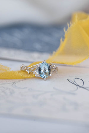 Aquamarine gold engagement ring, white gold leaves promise ring / Freesia - Eden Garden Jewelry™