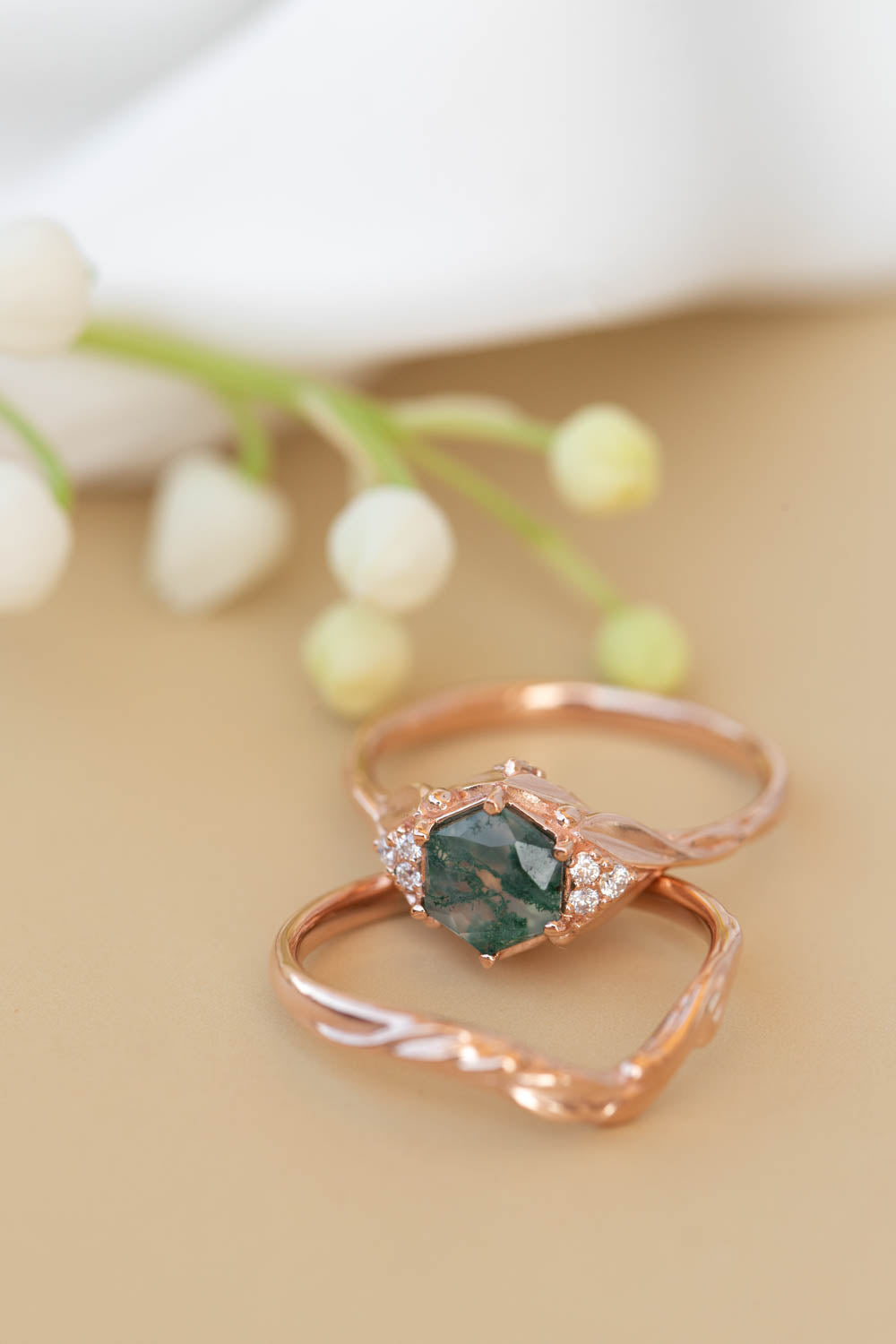 Moss agate bridal ring set, nature inspired engagement ring set with diamonds / Roma - Eden Garden Jewelry™