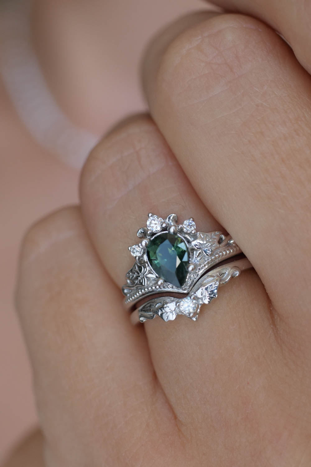 Sapphire bridal ring set, forest green sapphire engagement ring set / Ariadne - Eden Garden Jewelry™