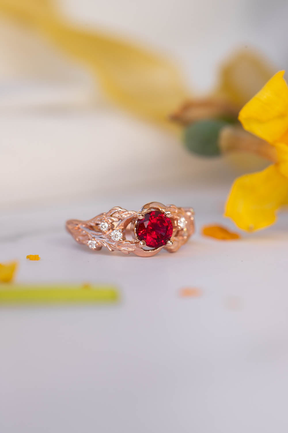 Lab ruby branch engagement ring, rose gold twig proposal ring / Japanese Maple - Eden Garden Jewelry™