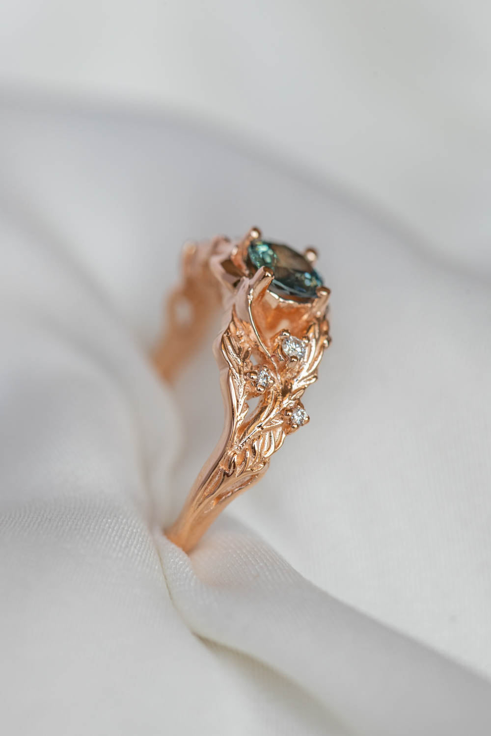 Genuine teal sapphire engagement ring, leaf and diamonds promise ring / Japanese Maple - Eden Garden Jewelry™