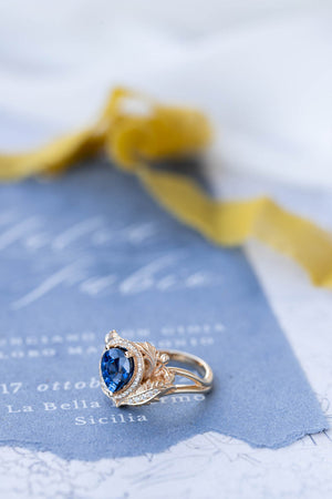 Dark blue sapphire engagement ring, gold ring with diamond halo / Adonis halo - Eden Garden Jewelry™